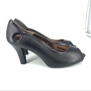 Sofft Women 9.5 High Heels Black Leather Peep Toe Slip On Shoes Career Pumps